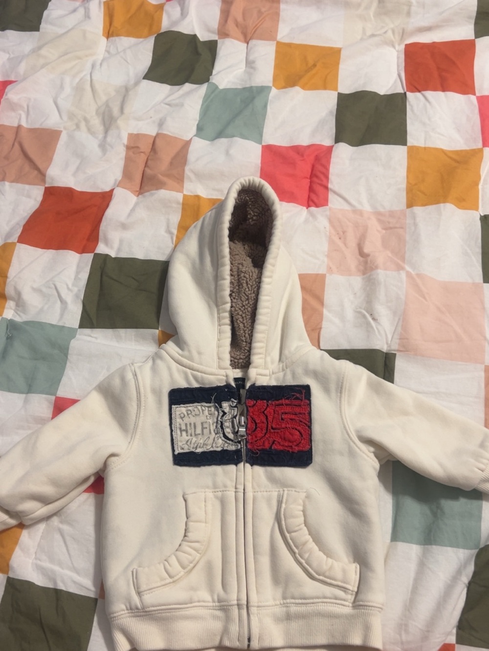 Tommy Hilfiger Cream Hooded Zip Sweatshirt with Patch Detail